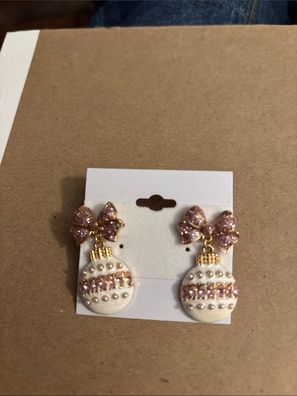 Gold-Tone Pink Bow and Pearl Drop Earrings. 2”